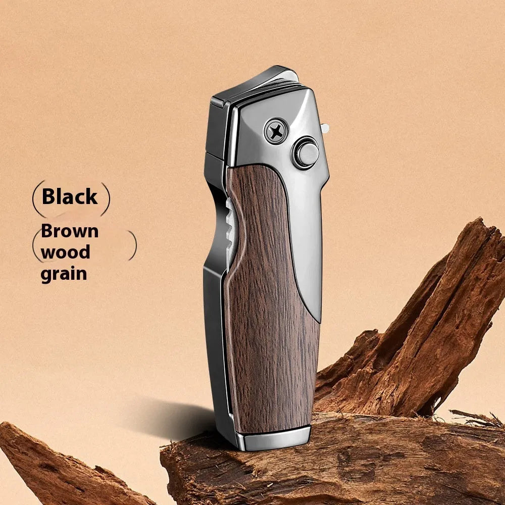 Zinc alloy metal folding lighter in black finish with straight jet flame and safety lock