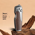 Zinc alloy metal folding lighter in black finish with straight jet flame and safety lock