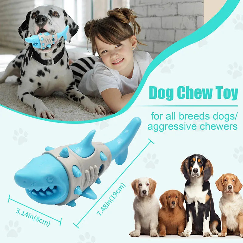 Blue rubber dog chew toy with shark-tooth texture and venting channels for teething puppies