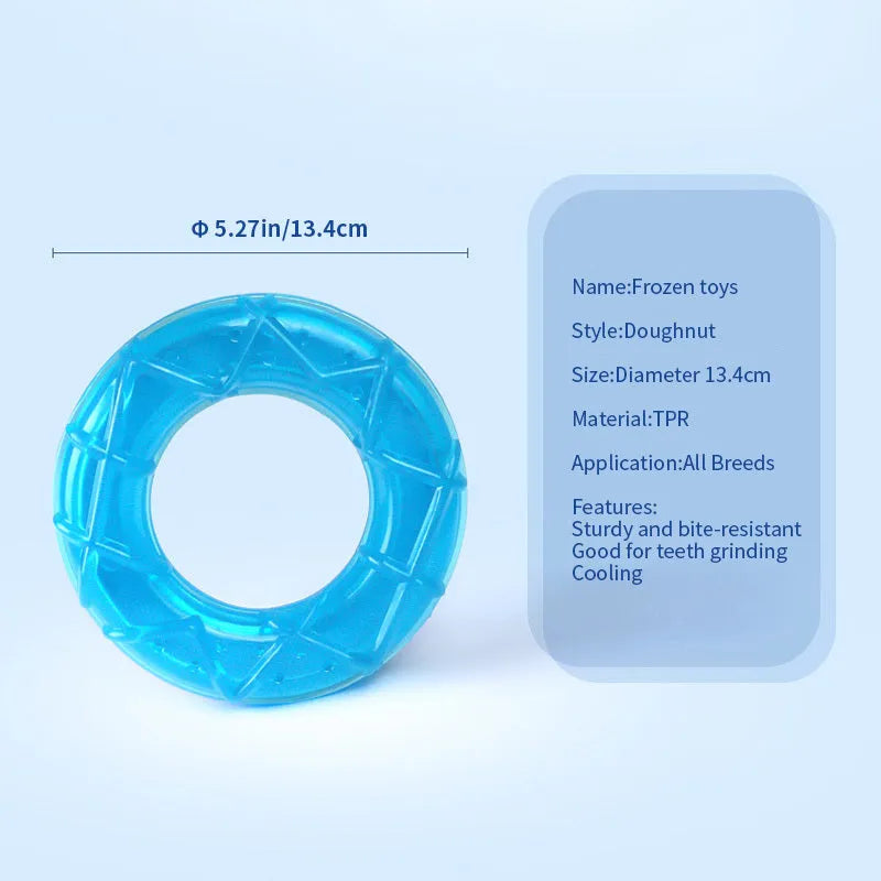 Set of three dog cooling toys: pacifier, popsicle, and ring, designed to be filled with water and frozen.