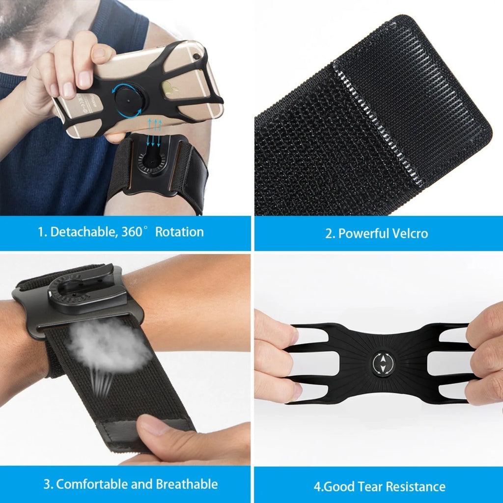 Black detachable swivel sports phone case with armband, wristband, and bicycle stand base on white background