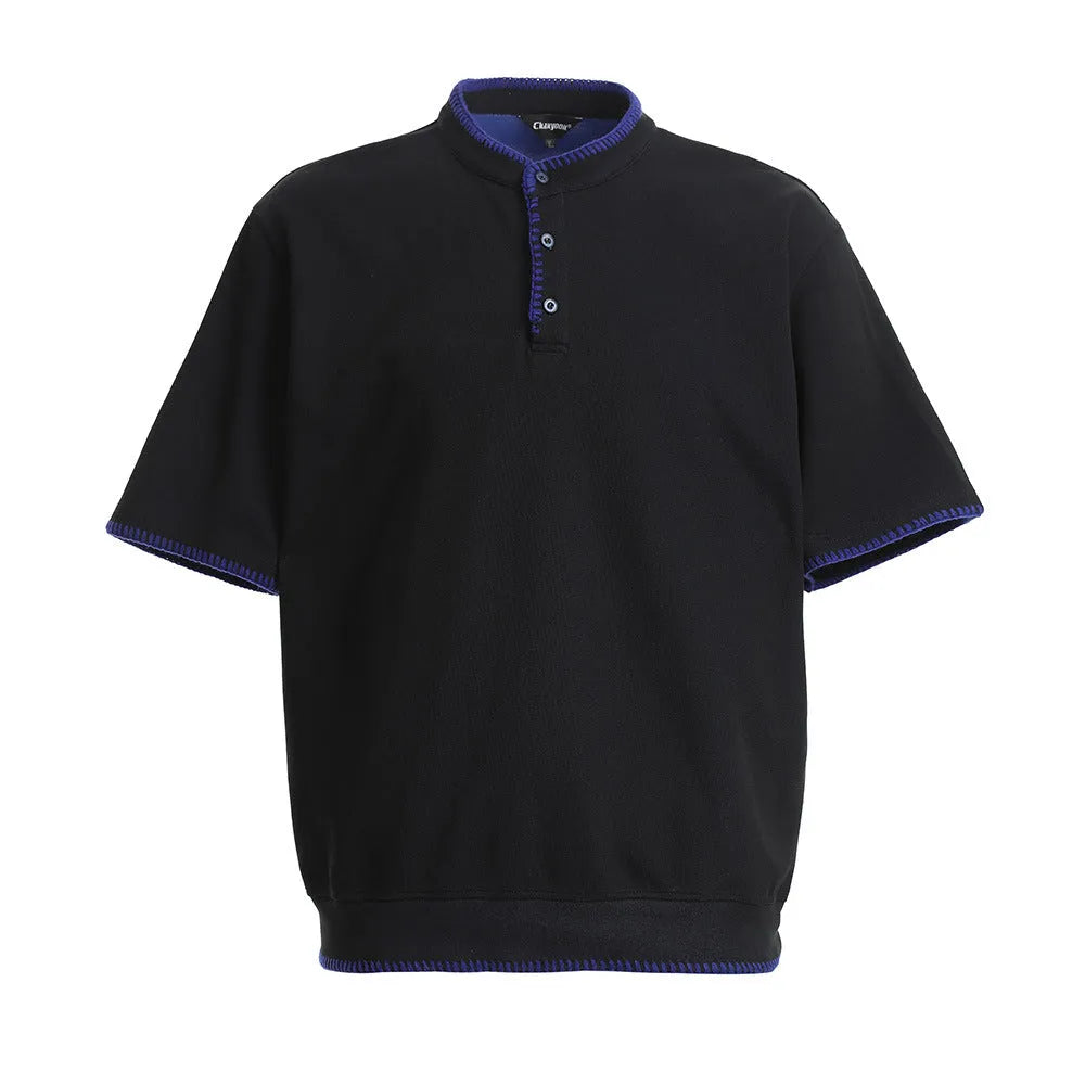 Men's short-sleeved polo shirt in cotton with loose fit, light gray colour, front view