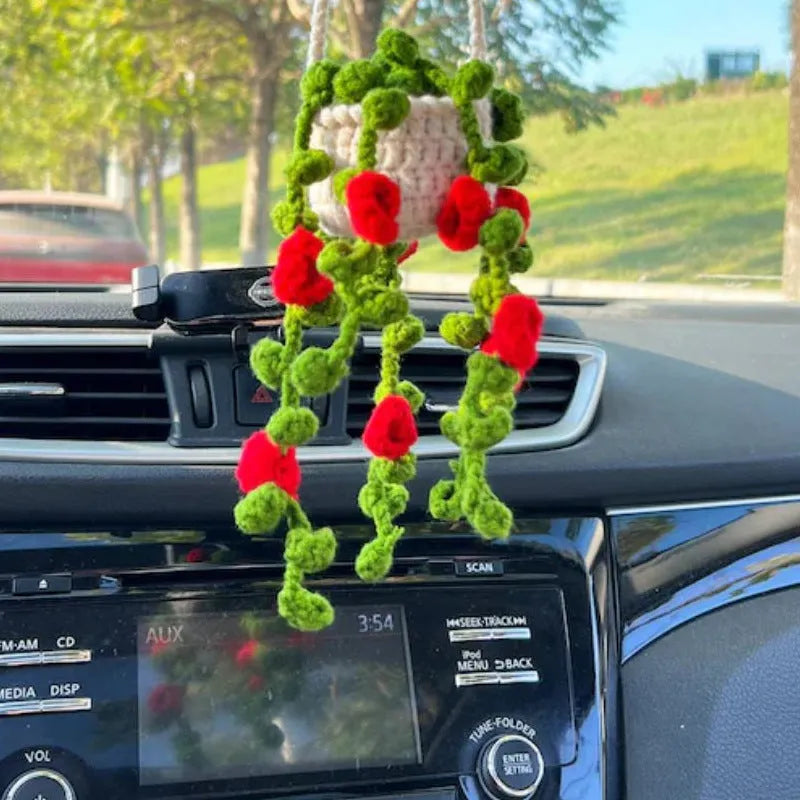 Green and white knitted car plant ornament with hanging rope for dashboard or mirror decoration