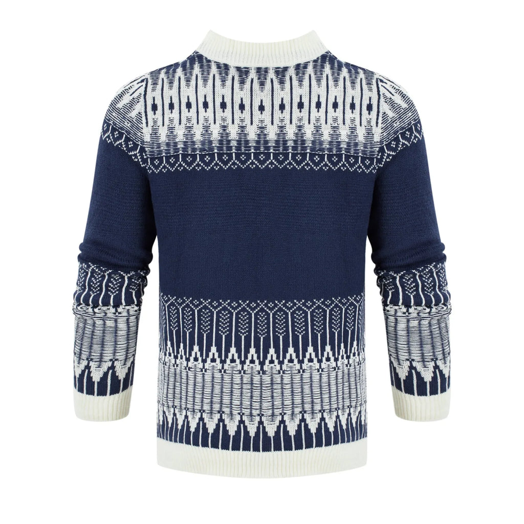 Men's grey crew neck knitted sweater with long sleeves laid flat