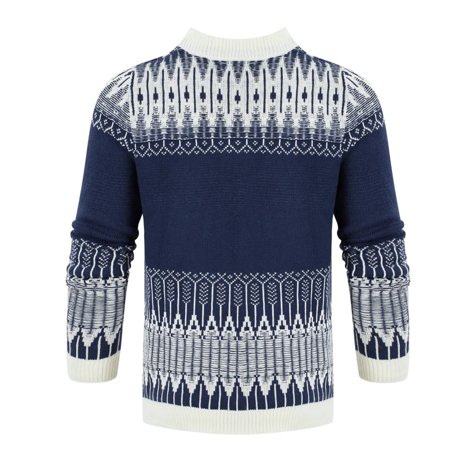 Men's grey crew neck knitted sweater with long sleeves laid flat