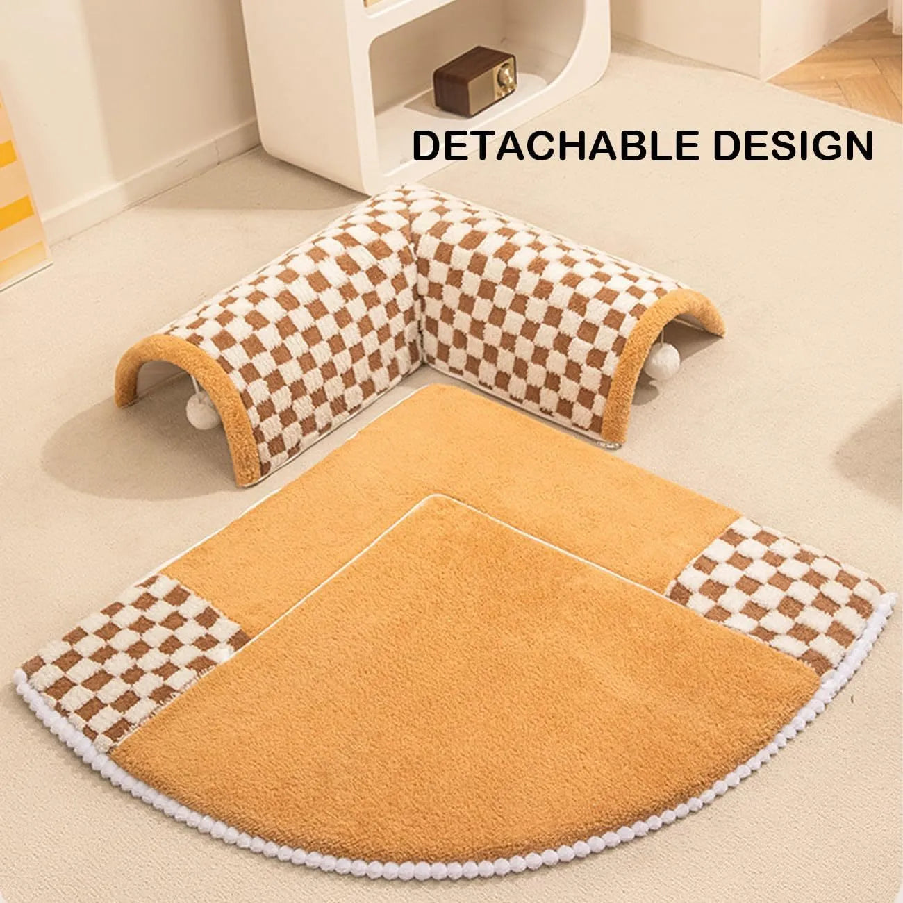 Coffee coloured plush fan-shaped pet bed with attached tunnel, showing anti-slip base.