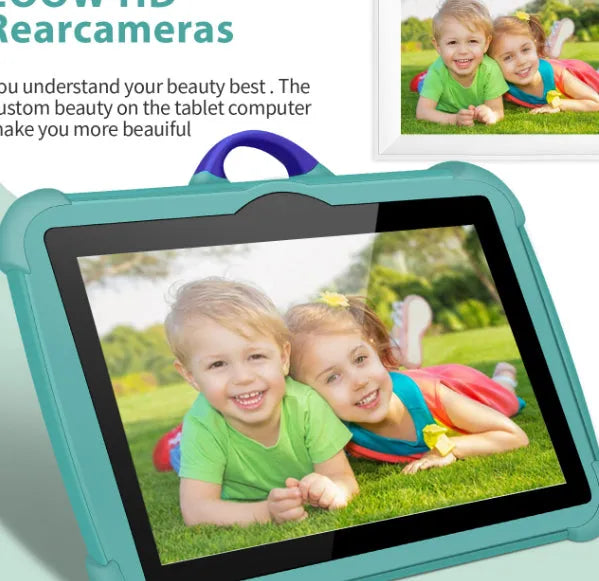 Kids 7 inch tablet PC in sky blue with drop-resistant explosion-proof design showing IPS screen