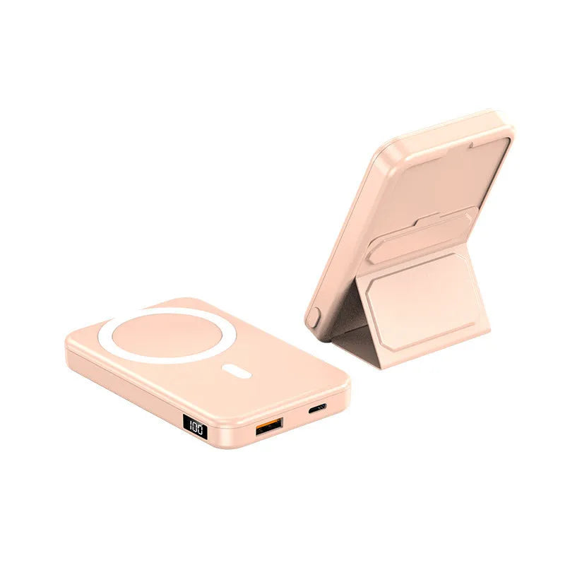 Magnetic wireless charging power bank with folding stand unfolded, shown in navy blue colour.