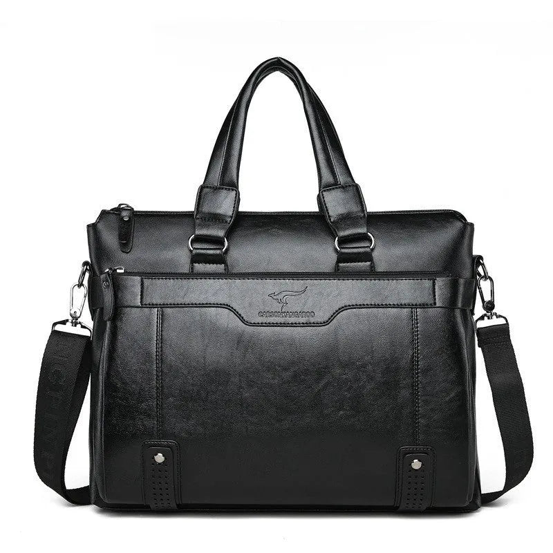 Men's PU leather 14-inch business shoulder bag in black, brown or khaki with three straps and multiple pockets