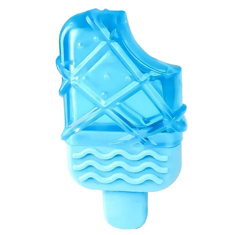 Set of three dog cooling toys: pacifier, popsicle, and ring, designed to be filled with water and frozen.