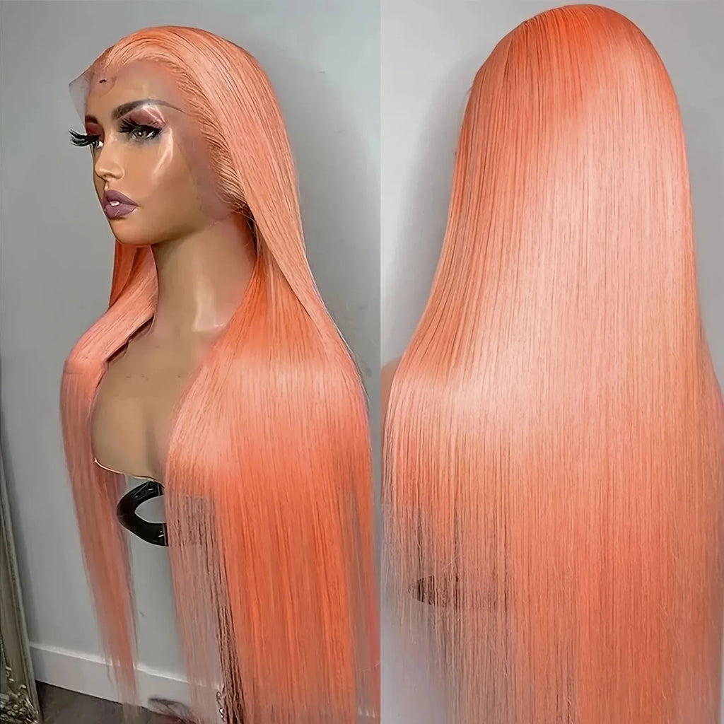 Light orange long straight front lace wig with side bangs on a model