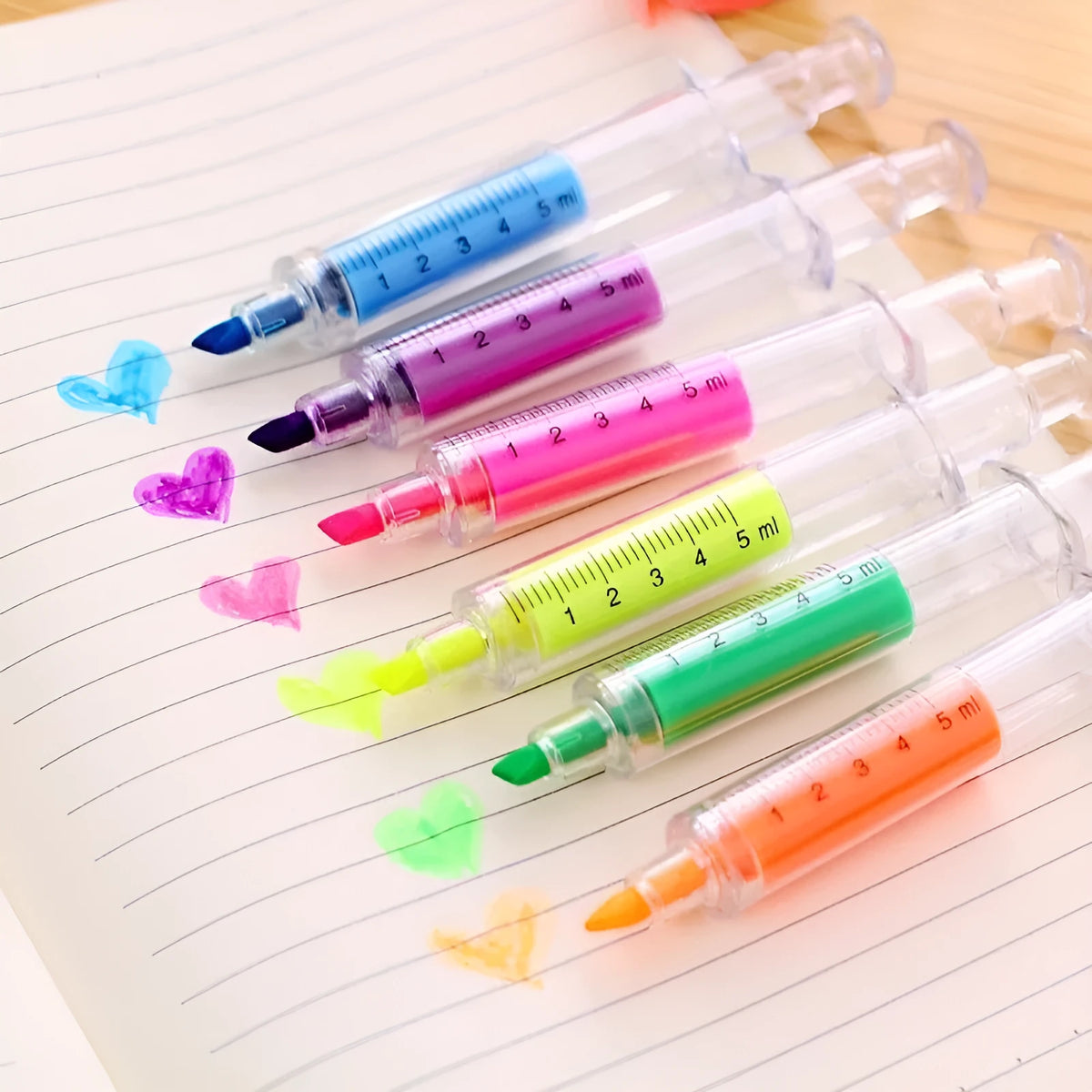 Set of 6 syringe shaped fluorescent highlighter pens in six colours