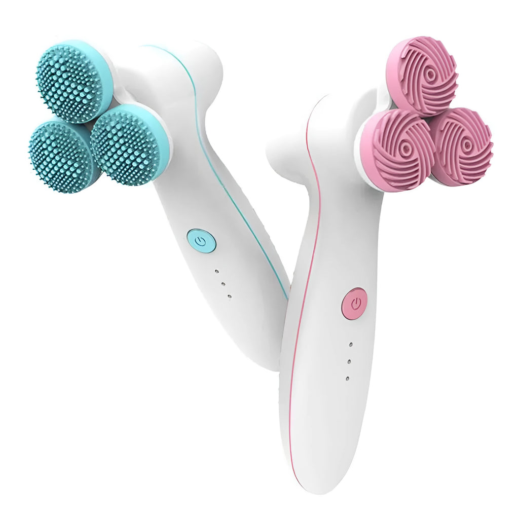Three round 3D silicone facial cleansing instrument with double cleaning action, V-shaped muscle fit design, blue or pink