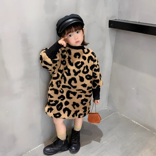 Girls long sleeve brown leopard print cotton blend top, sizes 80cm to 130cm