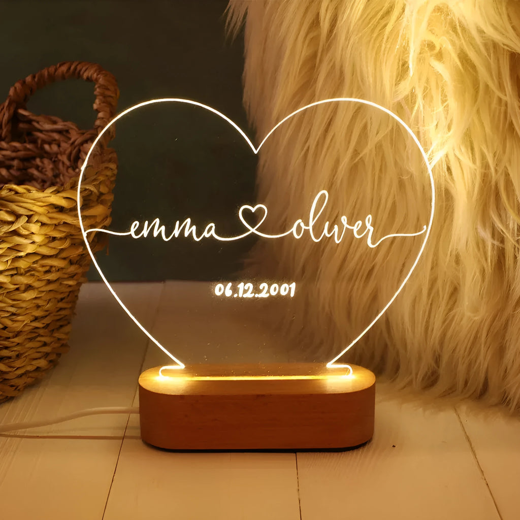 Custom acrylic LED night light with personalised names and date for couples