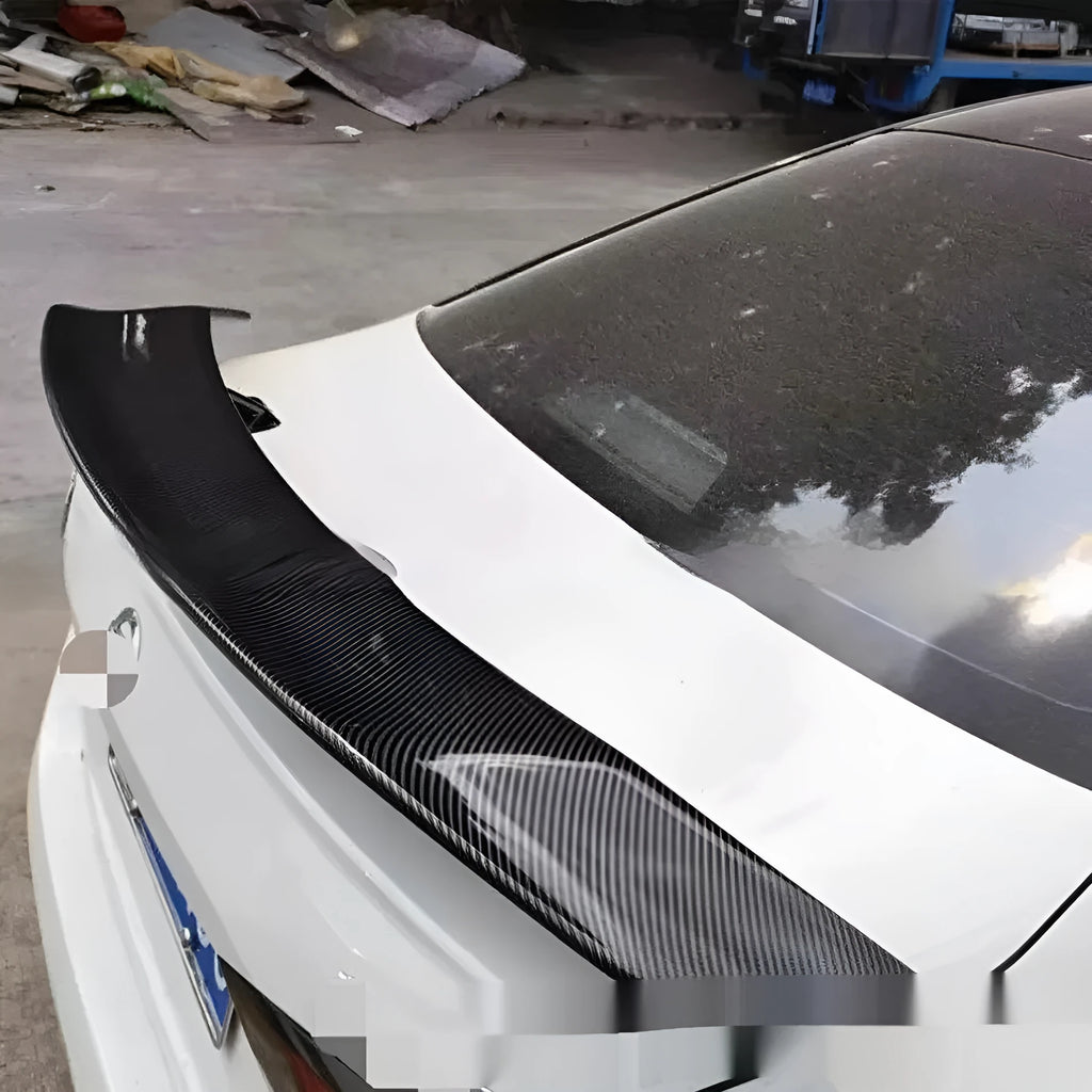 Universal punch-free fixed tail car spoiler in ABS plastic, shown in multiple finish options.