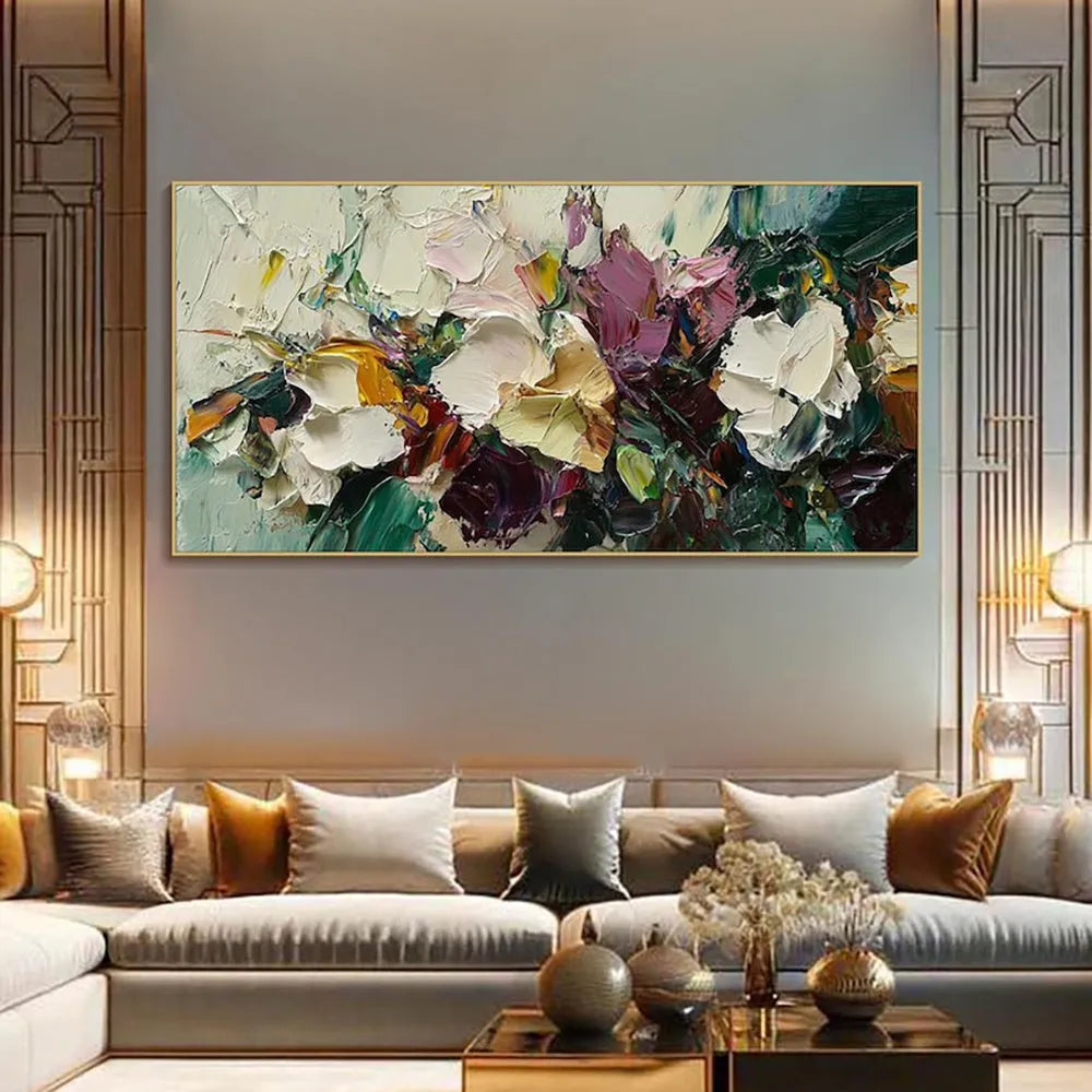 Hand-painted flower oil painting on canvas with knife-thick texture, rolled and frameless, horizontal modern wall art
