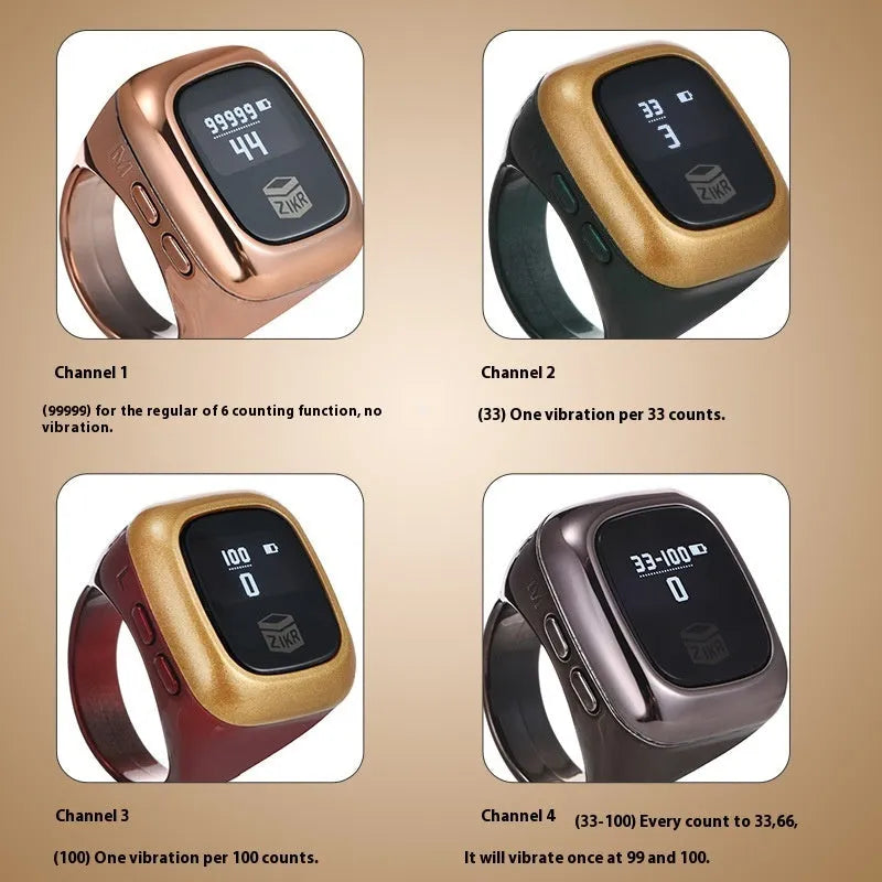 Al-fatiha Zikr electronic prayer counter with LCD display in various colours and sizes.
