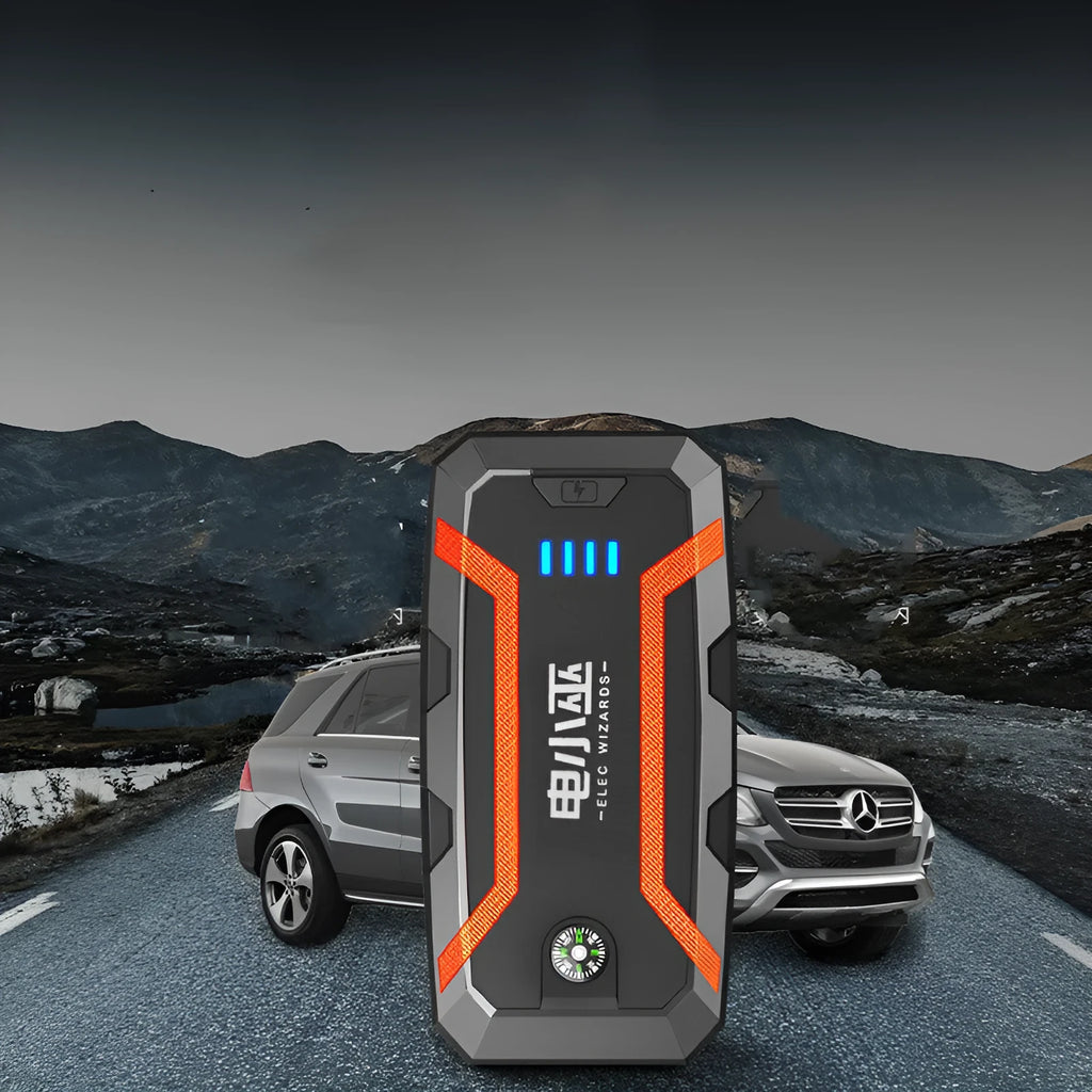 Portable 12V car jump starter with battery clamp, flashlight, and digital charging, 168x80x42mm, V0 fireproof material.