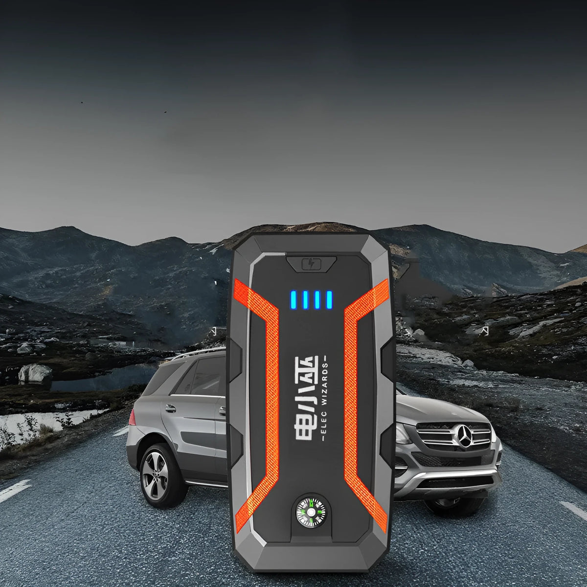 Portable 12V car jump starter with battery clamp, flashlight, and digital charging, 168x80x42mm, V0 fireproof material.