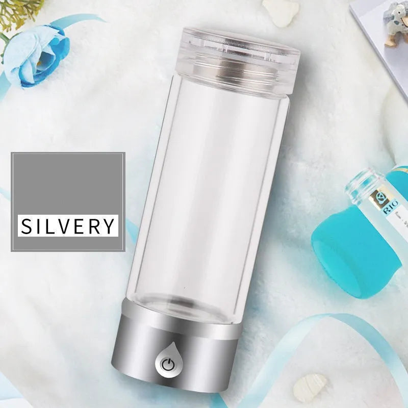 Blue hydrogen water ionizer bottle 380ml with high borosilicate glass body and rechargeable base