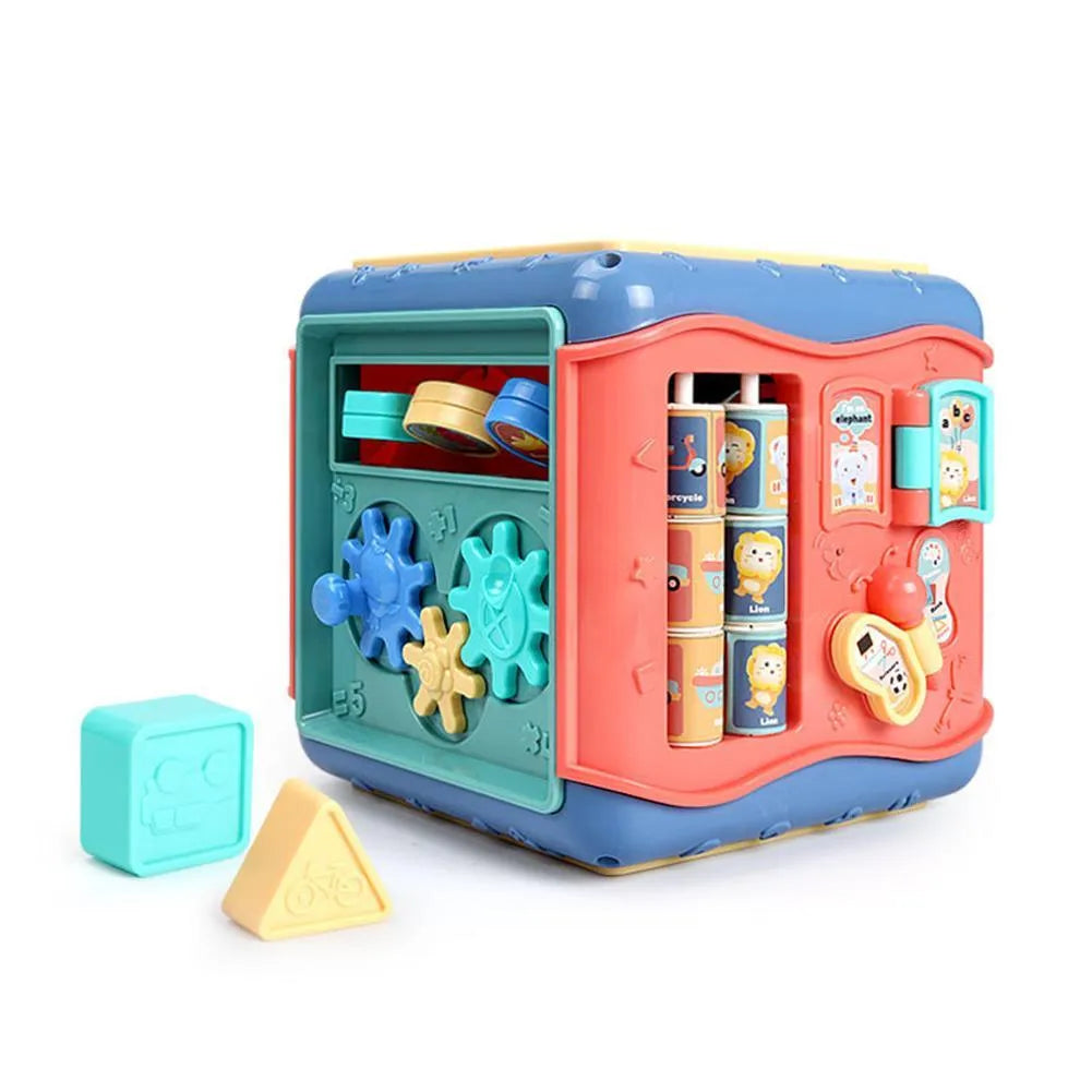 Colourful six-sided baby activity cube with bead maze, clock, and car game panels.