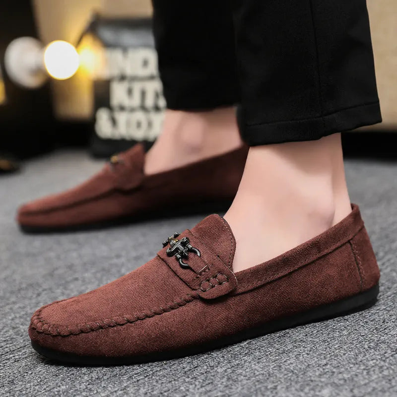 Men's black and brown waterproof PU leather slip-on loafers with rubber soles