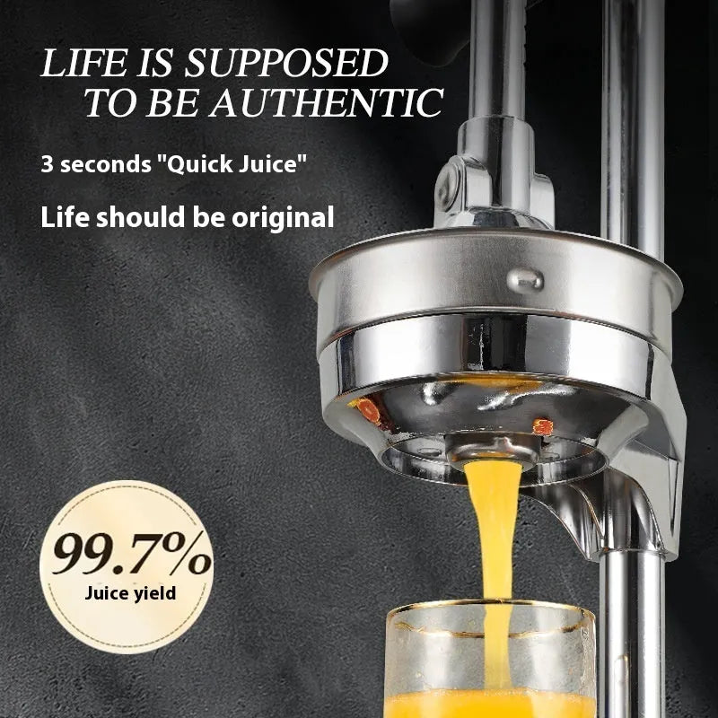 Vertical stainless steel manual juicer with lever, shown in multiple colour and head style options.