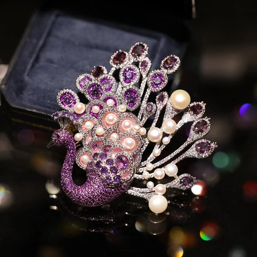 Alloy Freshwater Pearl Peacock Brooch in Style1 gold-tone finish with faux pearl beads and cabochon centre on white background