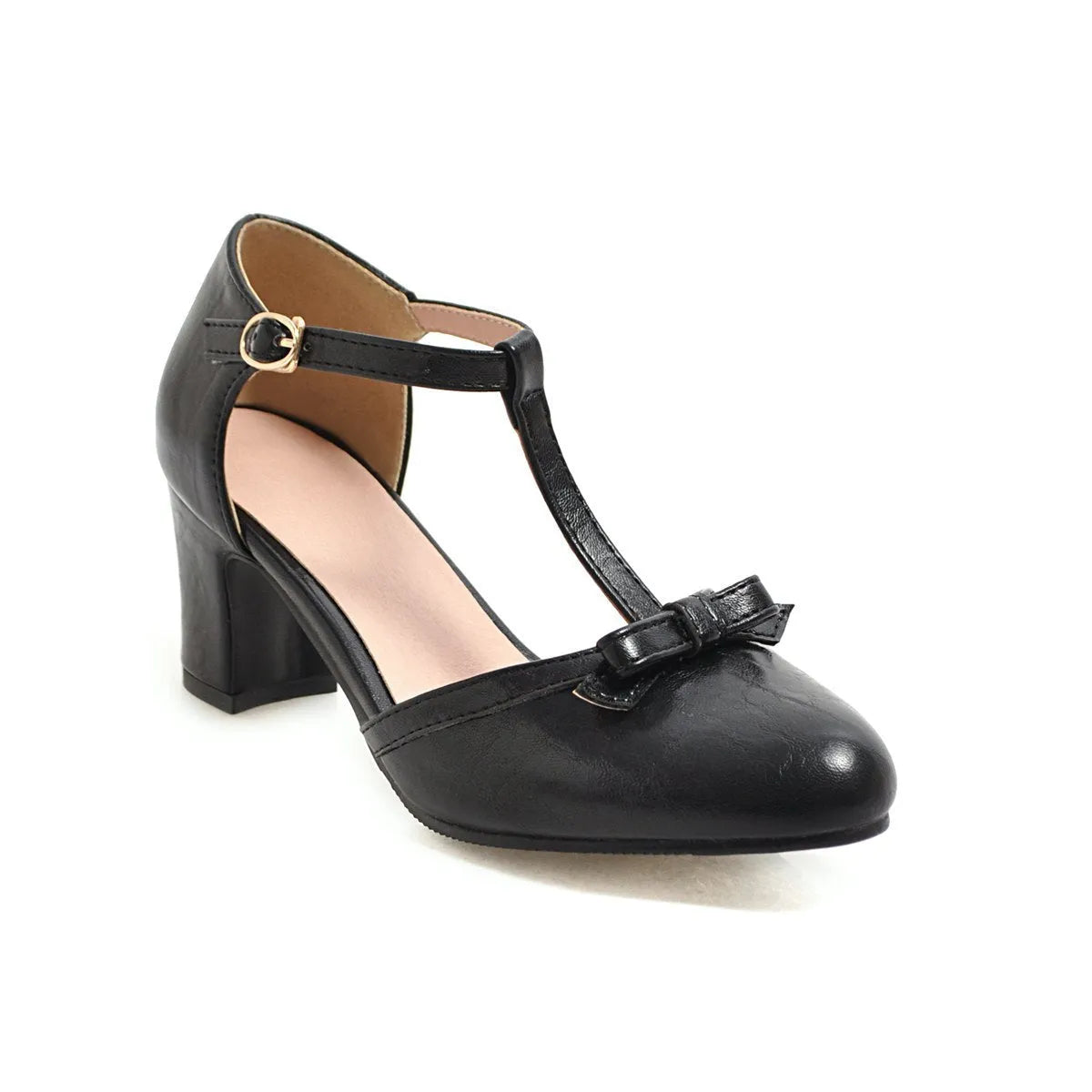 Women's chunky heel sandals with bow detail and buckle strap in solid colour.