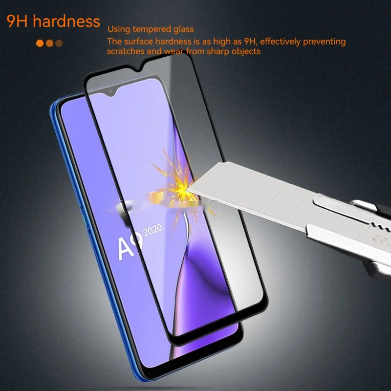 OPPO A9 2020 full screen tempered glass screen protector with black edges and anti-fingerprint coating