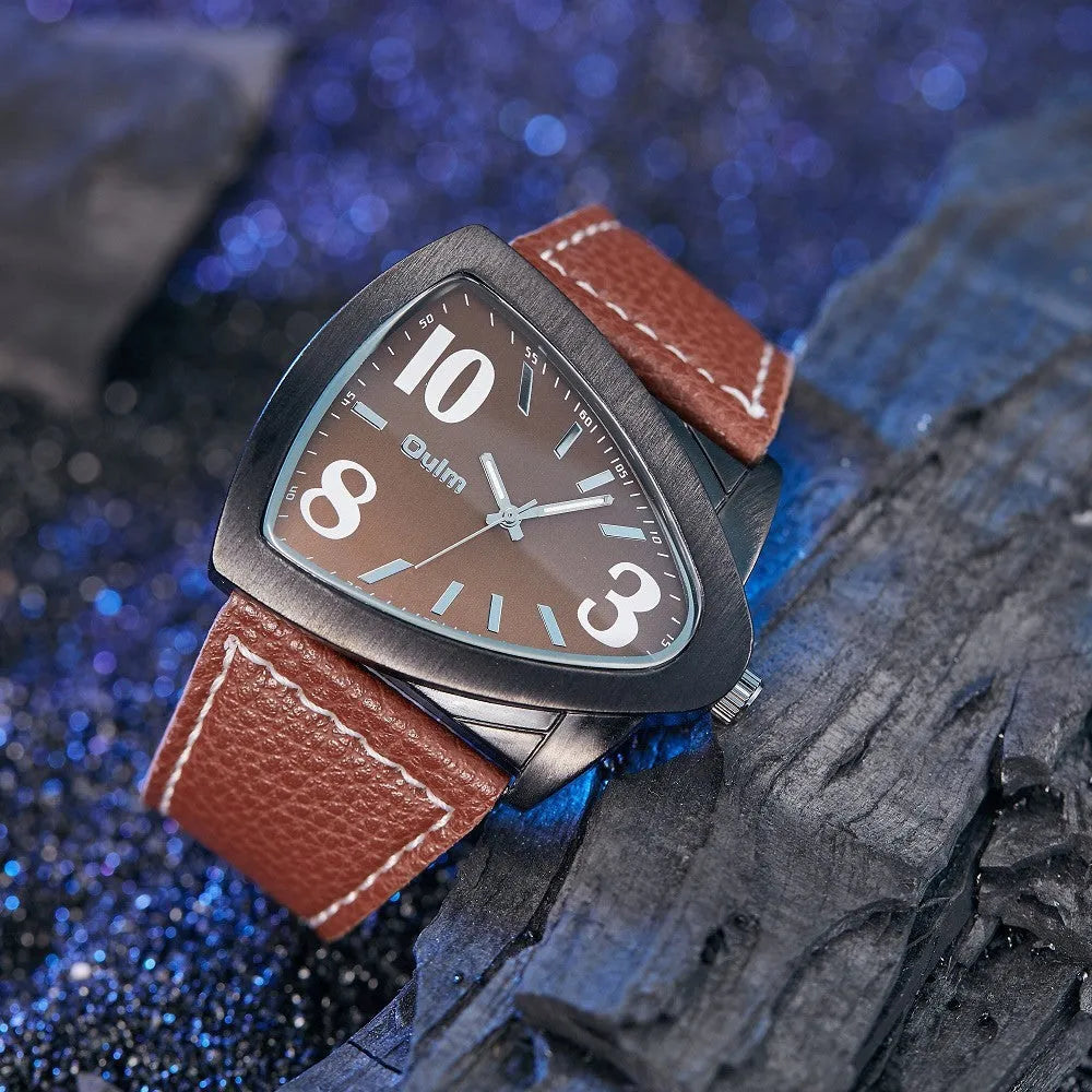 Men's casual triangle belt quartz watch showing analogue face with 9mm thickness