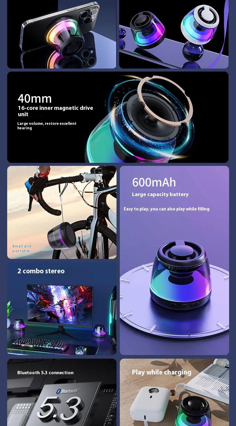 Portable white or black Bluetooth speaker with ambient lighting and magnetic design on a desktop