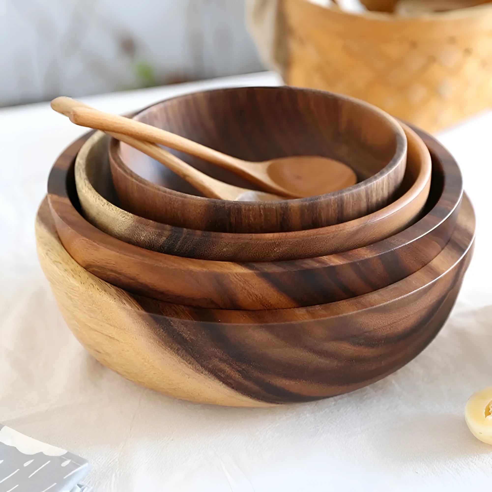 Brown handmade wooden bowl with natural wood grain and overglaze finish