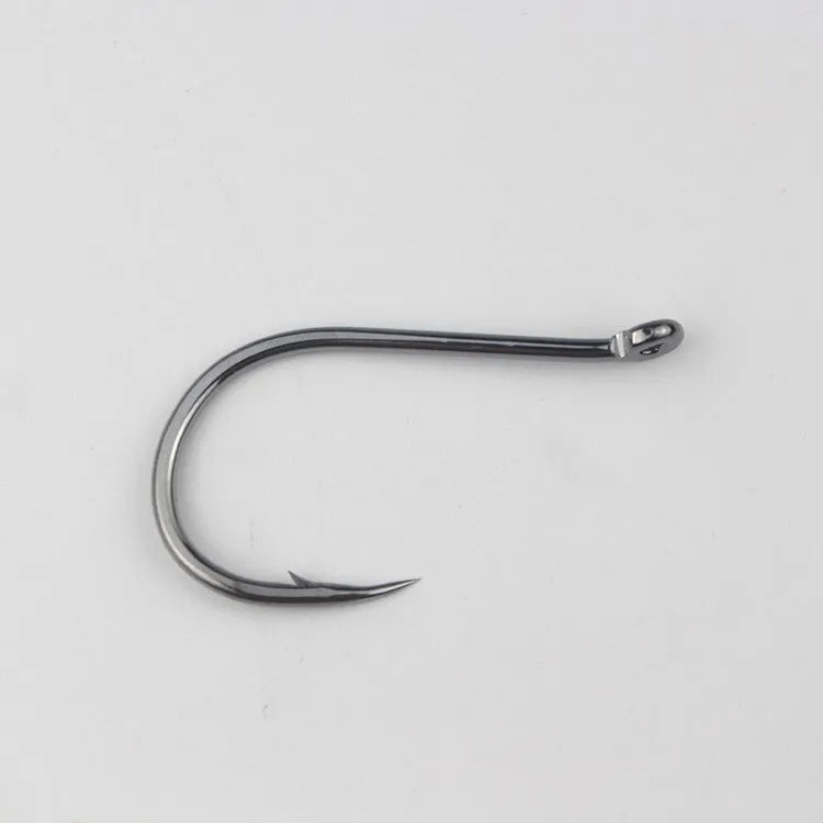 Barbed sea fishing hooks with ring eye and crooked point in a bulk pack for rock and saltwater fishing.