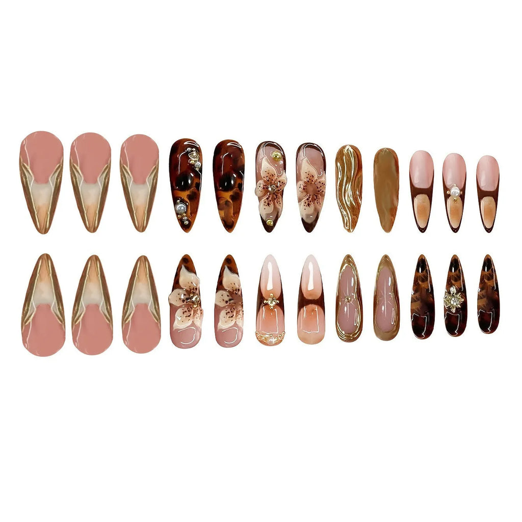 Press-on false nails with floral pattern design in XM325 colour, sweet Korean style.