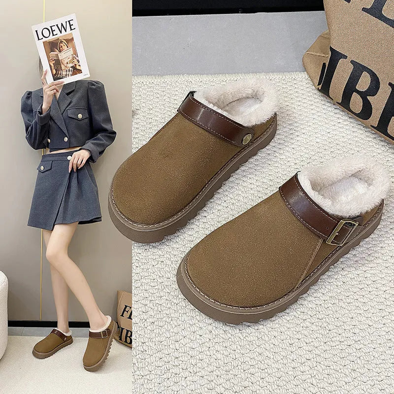 Women's low-top suede snow boots with cotton lining in brown, showing mid heel and rubber sole