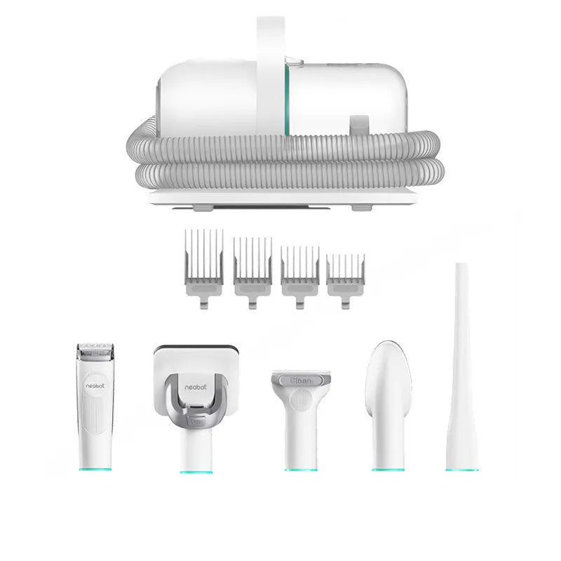 White and green ABS dog grooming tool with 9000Pa suction, 1000ml dust box, 1.3m hose, and comb attachments