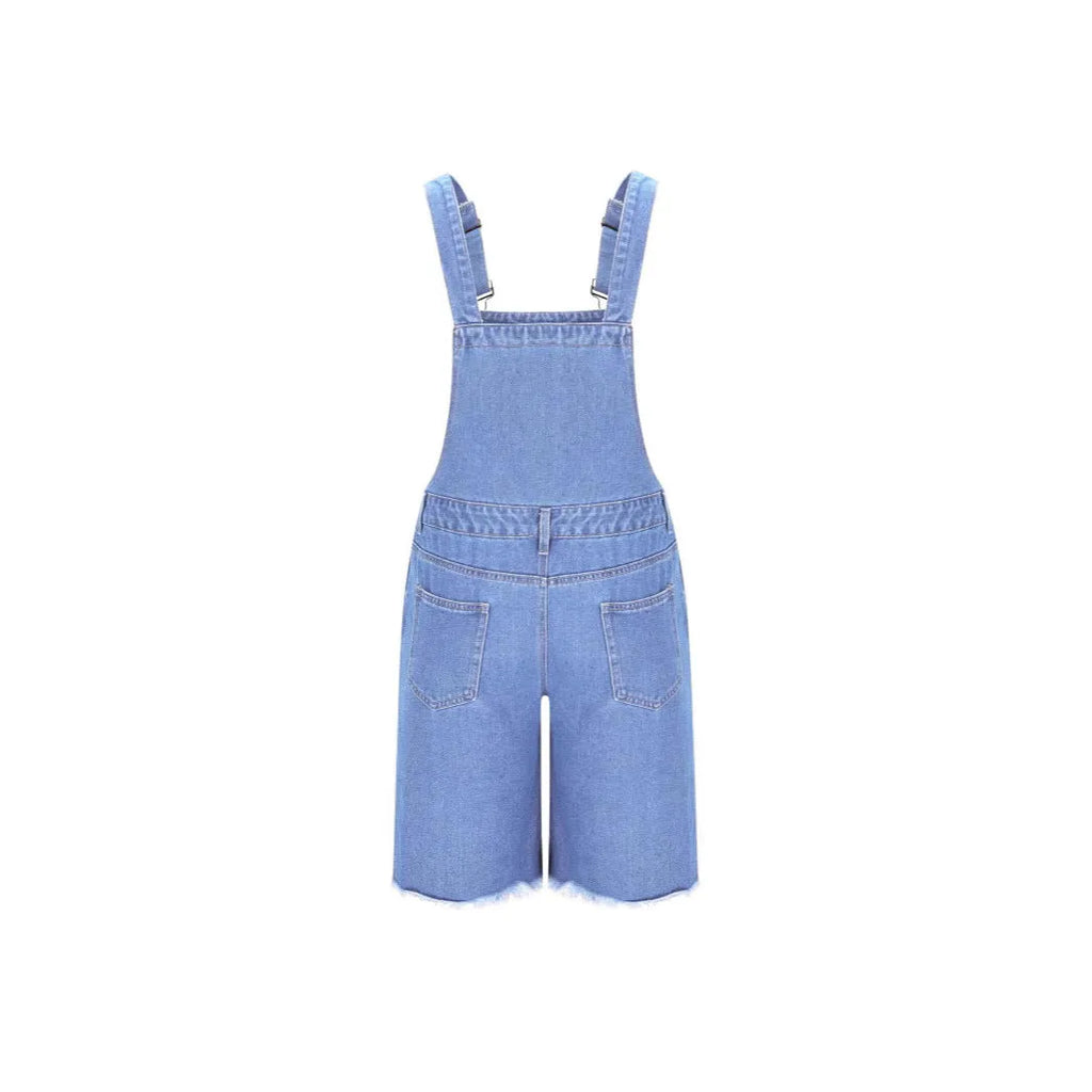 Men's dark blue denim suspender shorts with ripped detailing and a straight-leg fit.