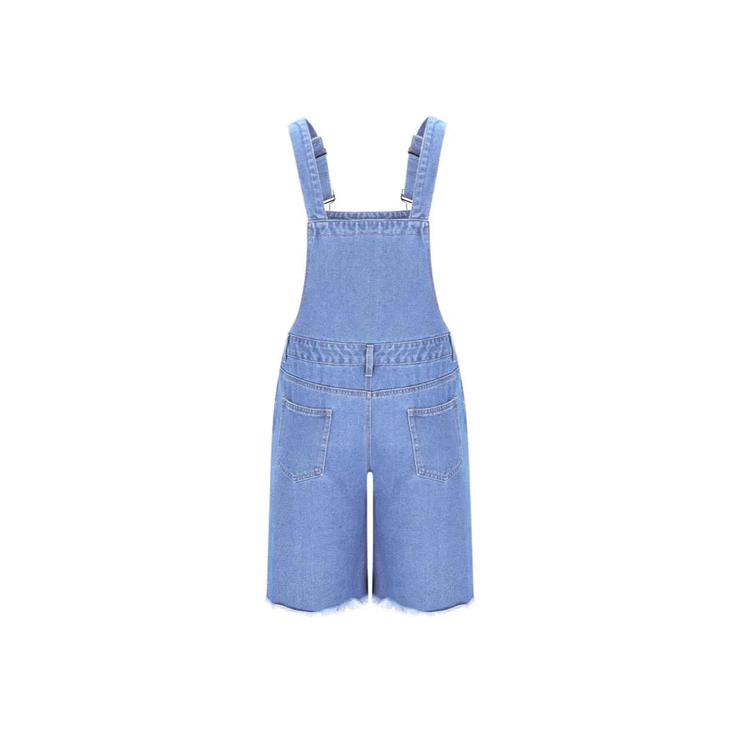Men's dark blue denim suspender shorts with ripped detailing and a straight-leg fit.