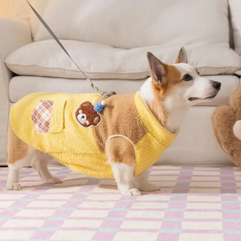 Cute bear embroidered pet fleece jacket with plaid pockets and leash ring for small dogs in yellow