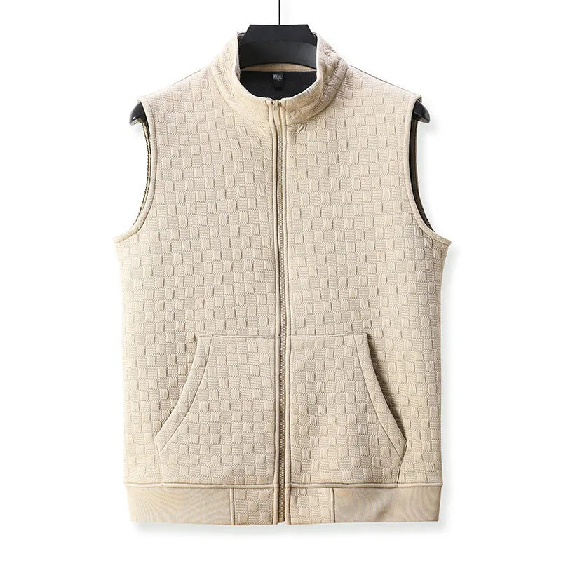 Men's black casual sleeveless waistcoat made from polyester blend fabric, shown in cardigan style.