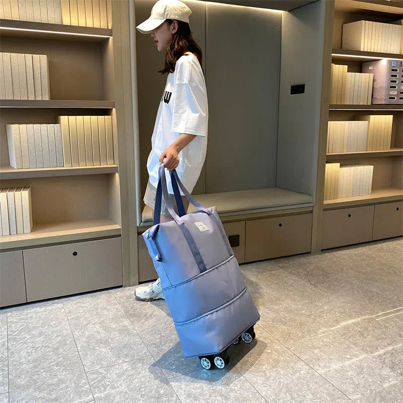 Large-capacity travel bag with omnidirectional wheels, Oxford cloth, waterproof, expandable, dry-wet separation, unisex blue and grey