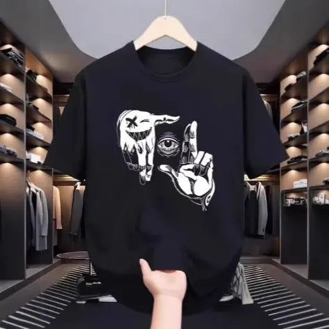 Men's short sleeve mesh T-shirt with cartoon print in various colours showing breathable fabric texture