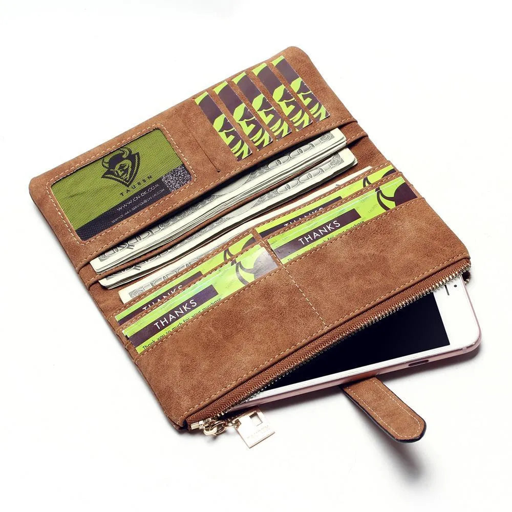 Army green retro matte PU leather long bifold women's wallet with zip closure open to show card slots and phone pocket.