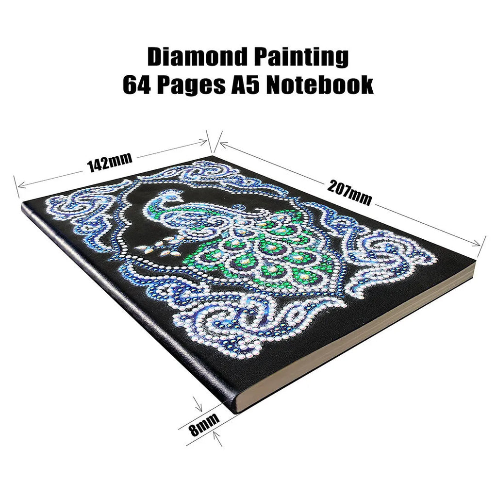A5 diamond painting notebook with peacock design using shaped and bright drill crystals