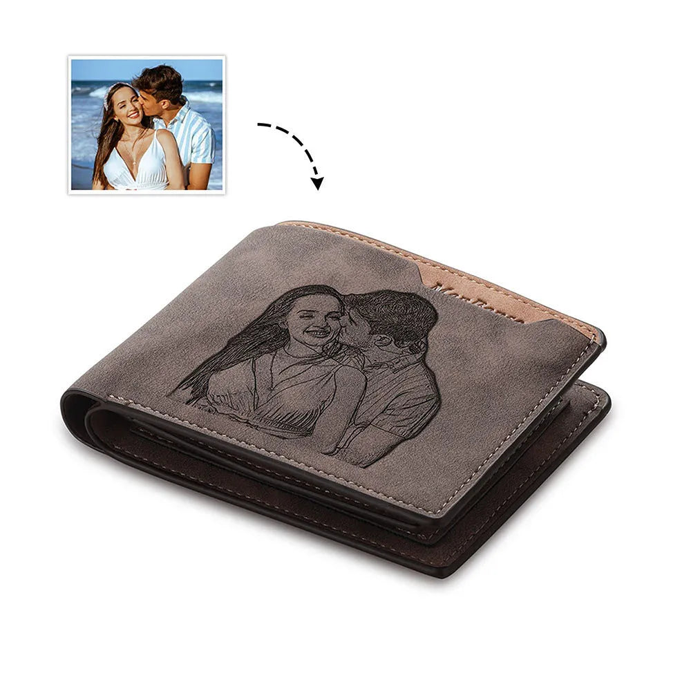 Coffee coloured PU leather engraved wallet showing personalised photo engraving option.
