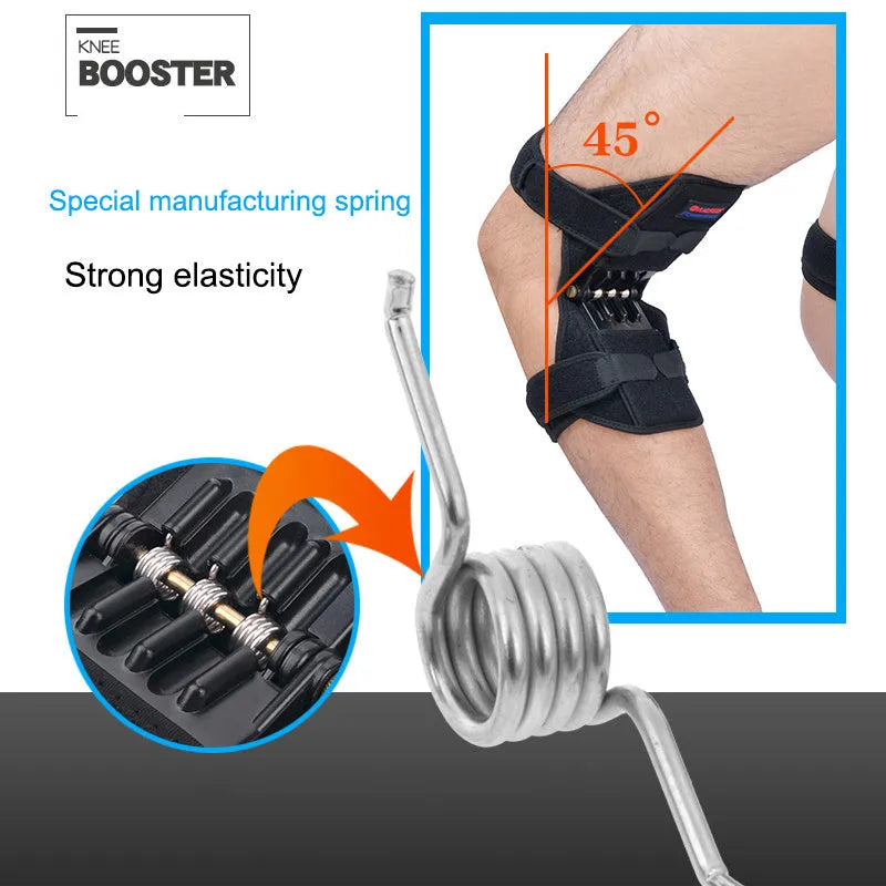 Adjustable spring knee brace support for mountaineering and squat sports, shown in black.