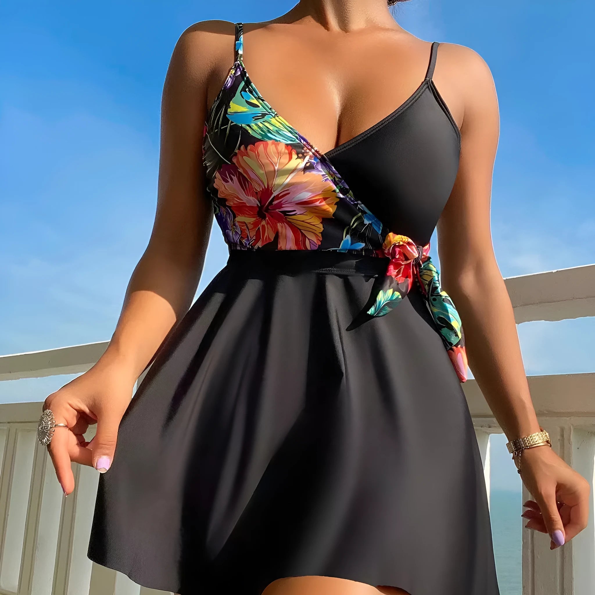 Black women's high waist briefs with printed split bikini design for sports activities