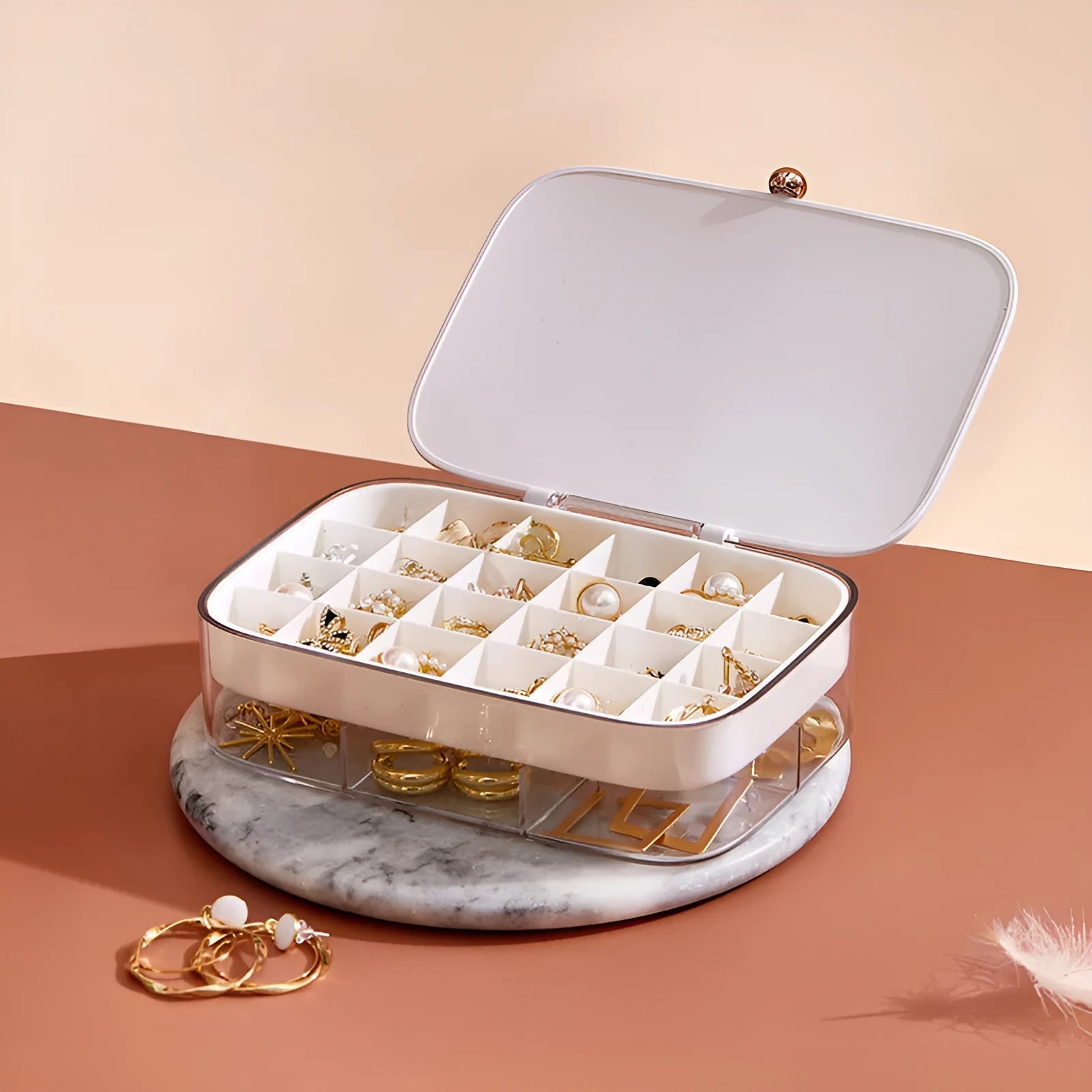 Multi-layer jewellery storage box in modern minimalist design with multiple compartments